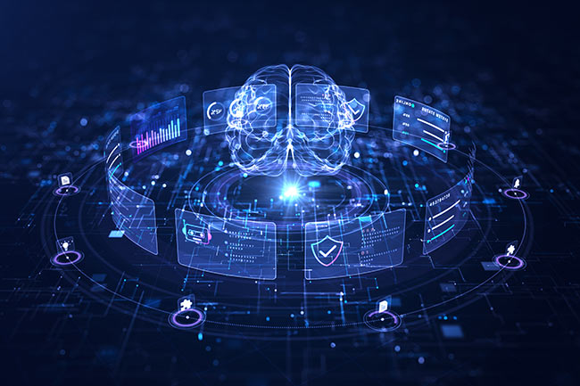 Digitales Gehirn mit vernetzten Datenanzeigen als Symbol für künstliche Intelligenz
